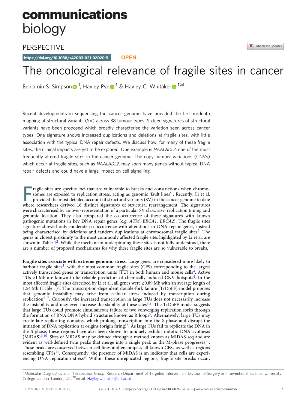 The Oncological Relevance of Fragile Sites in Cancer ✉ Benjamin S