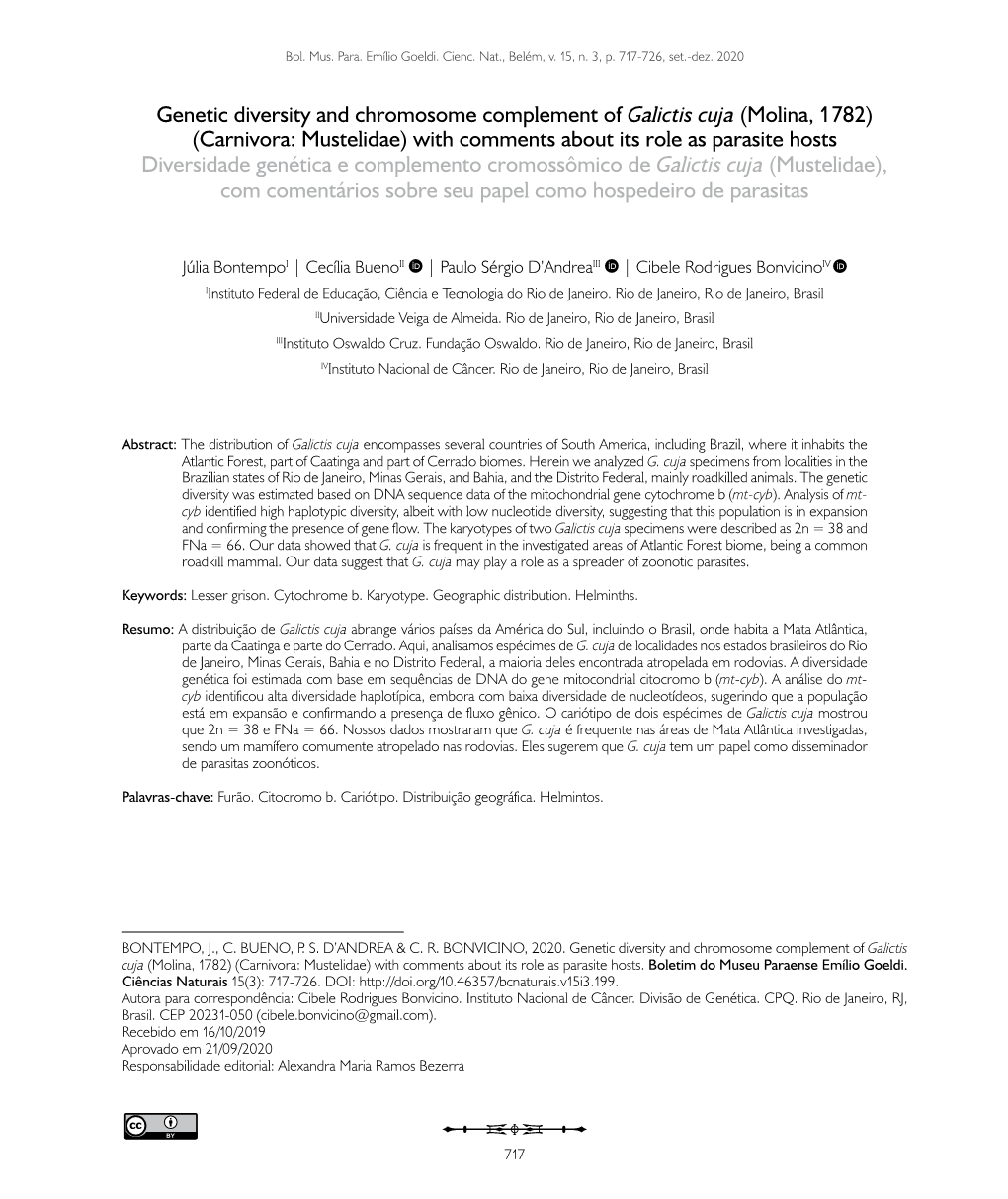 Genetic Diversity and Chromosome Complement of Galictis Cuja