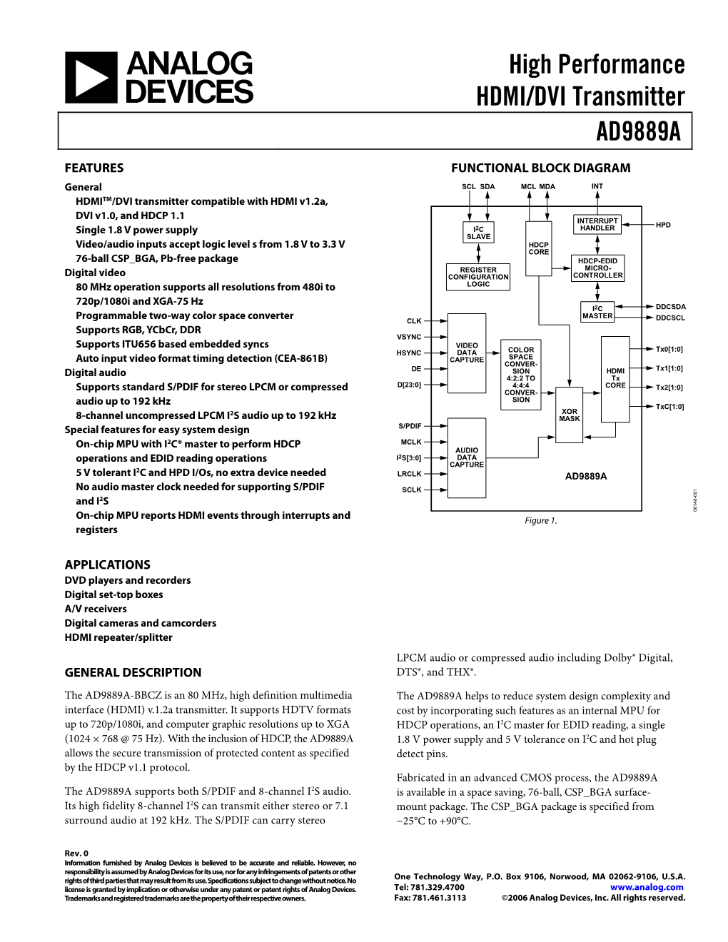 AD9889A High Performance HDMI/DVI Transmitter Data Sheet