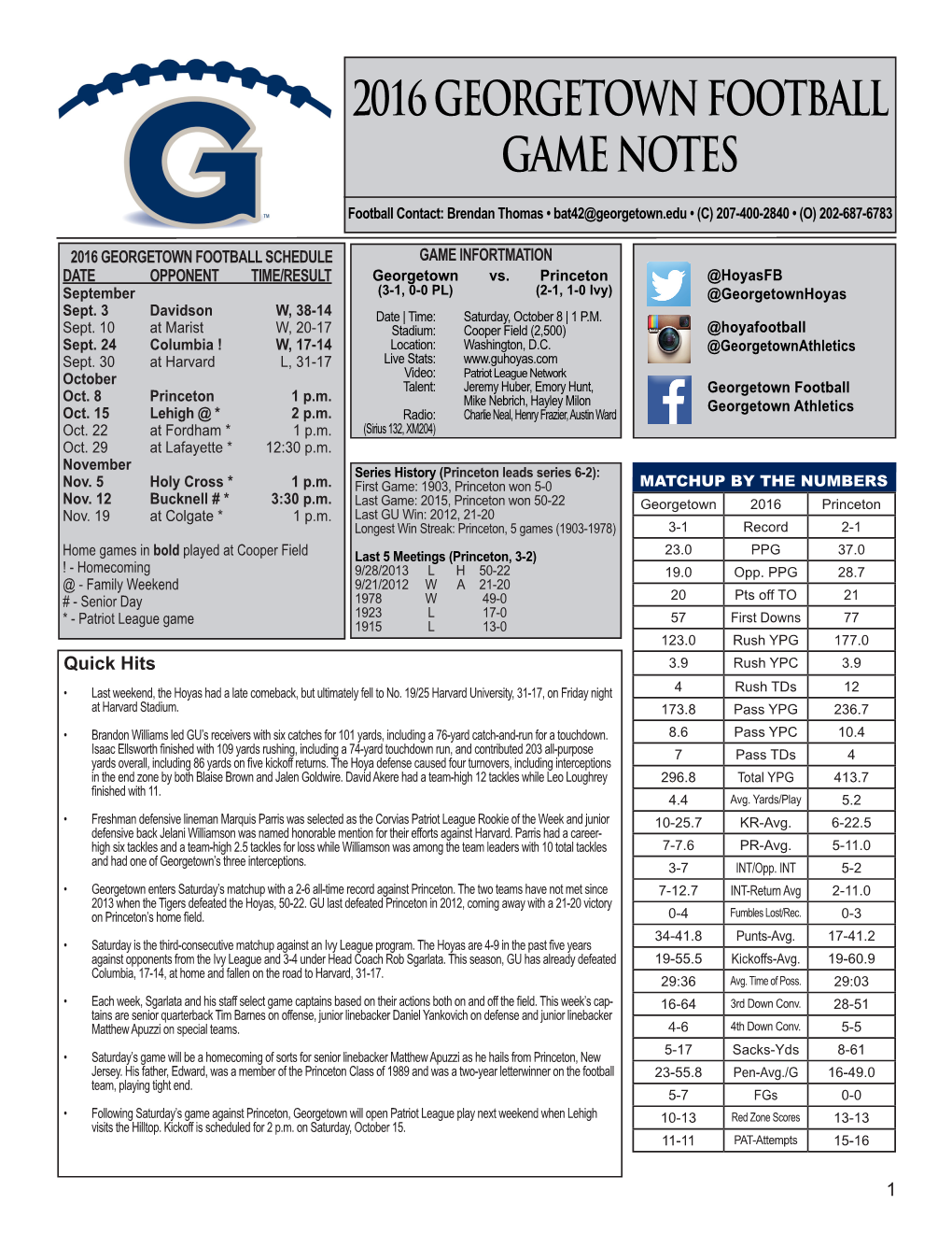 2016 Georgetown Football Game Notes 2016 Georgetown Football Game Notes 2016 Georgetown Football