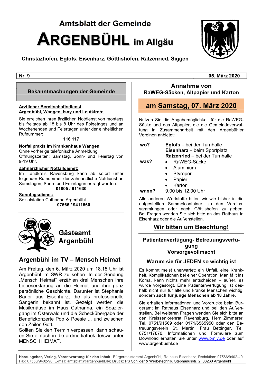 Amtsblatt Der Gemeinde ARGENBÜHL Im Allgäu