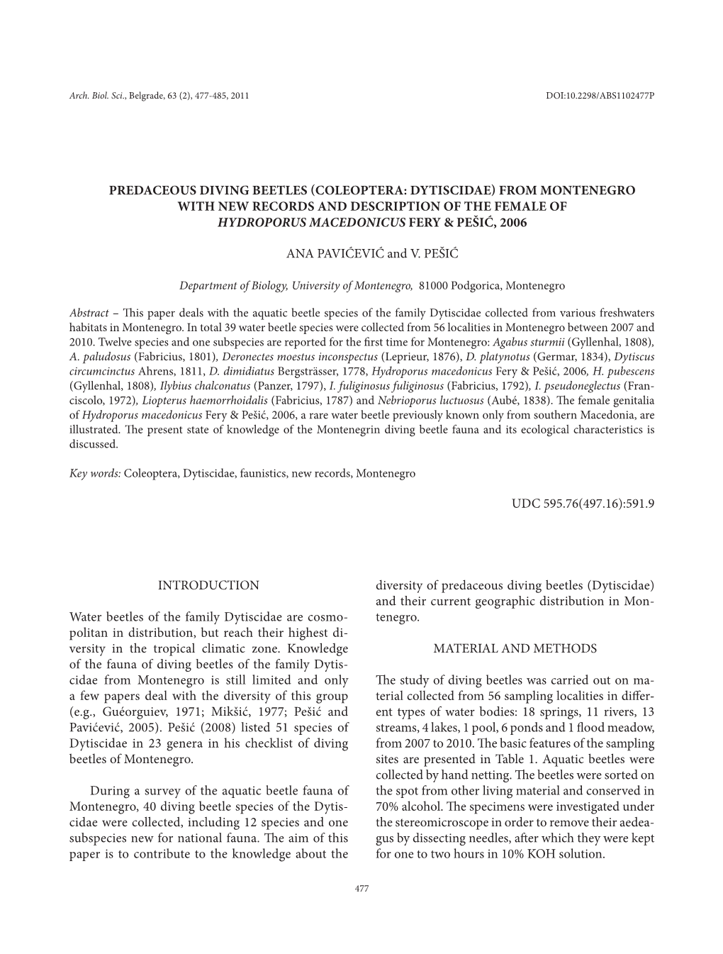 Predaceous Diving Beetles (Coleoptera: Dytiscidae) from Montenegro with New Records and Description of the Female of Hydroporus Macedonicus Fery & Pešić, 2006