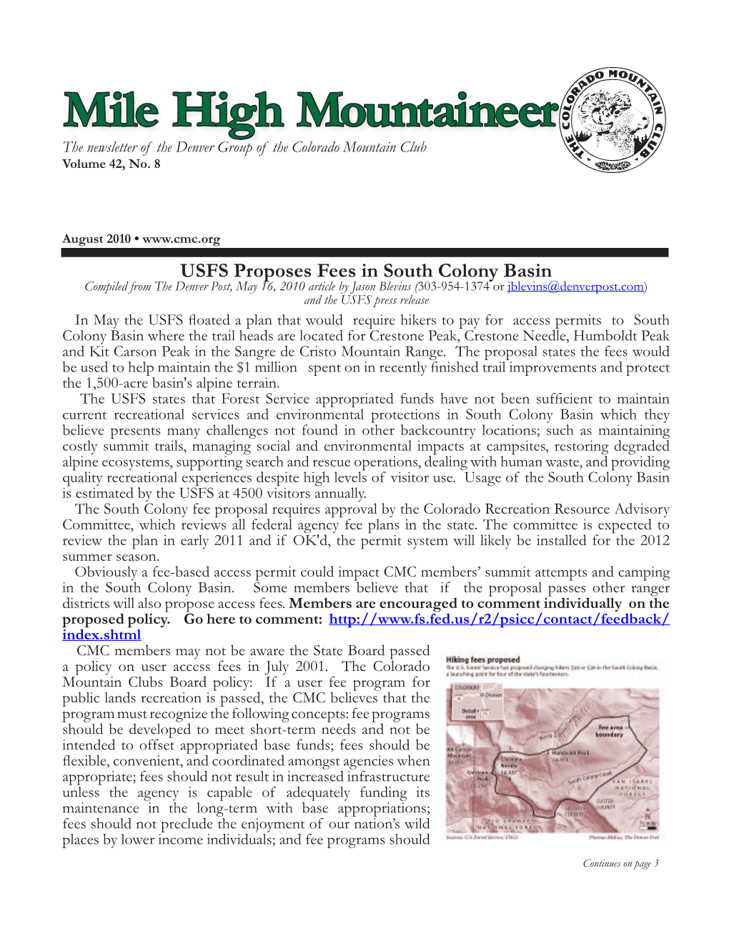 Mile High Mountaineer the Newsletter of the Denver Group of the Colorado Mountain Club Volume 42, No