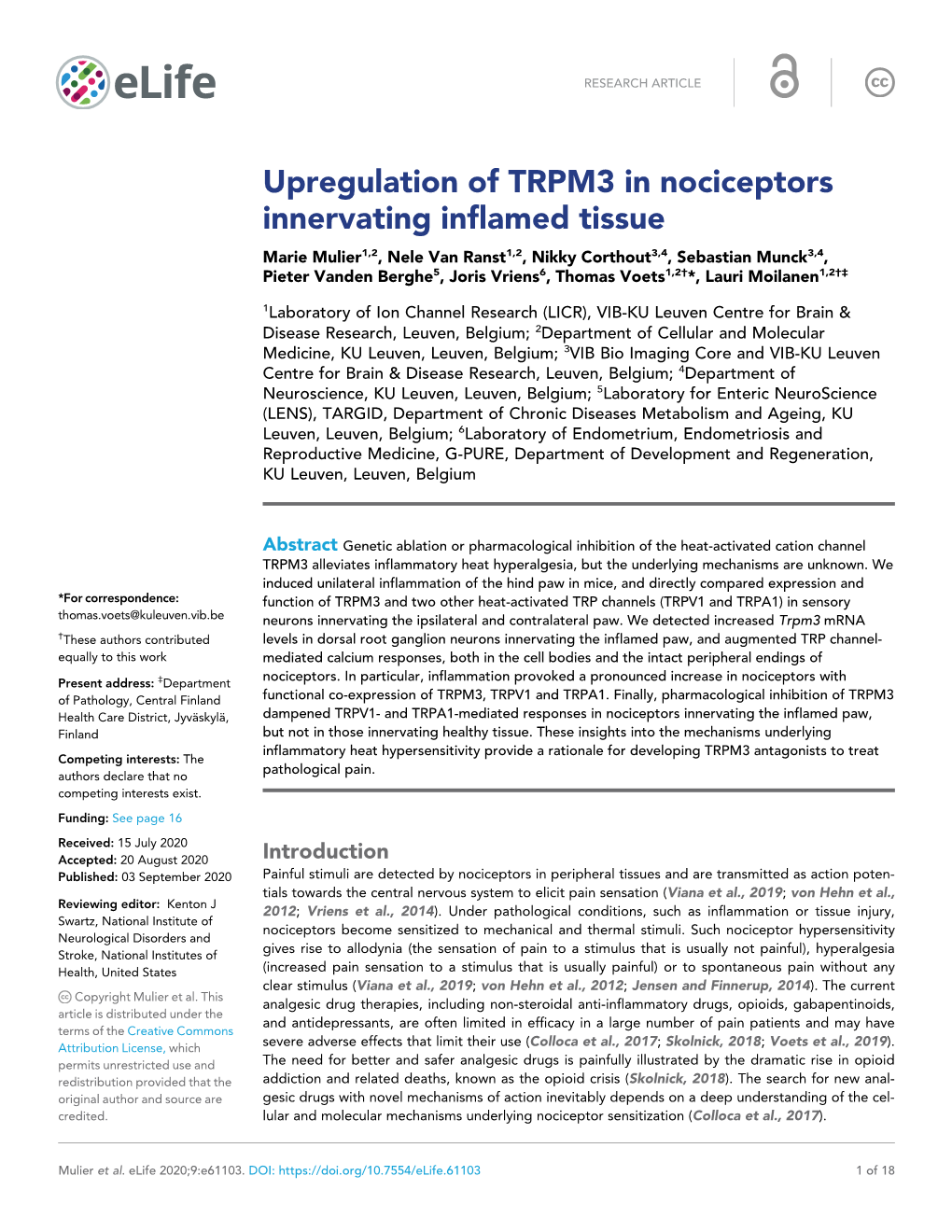 Upregulation of TRPM3 in Nociceptors Innervating Inflamed Tissue