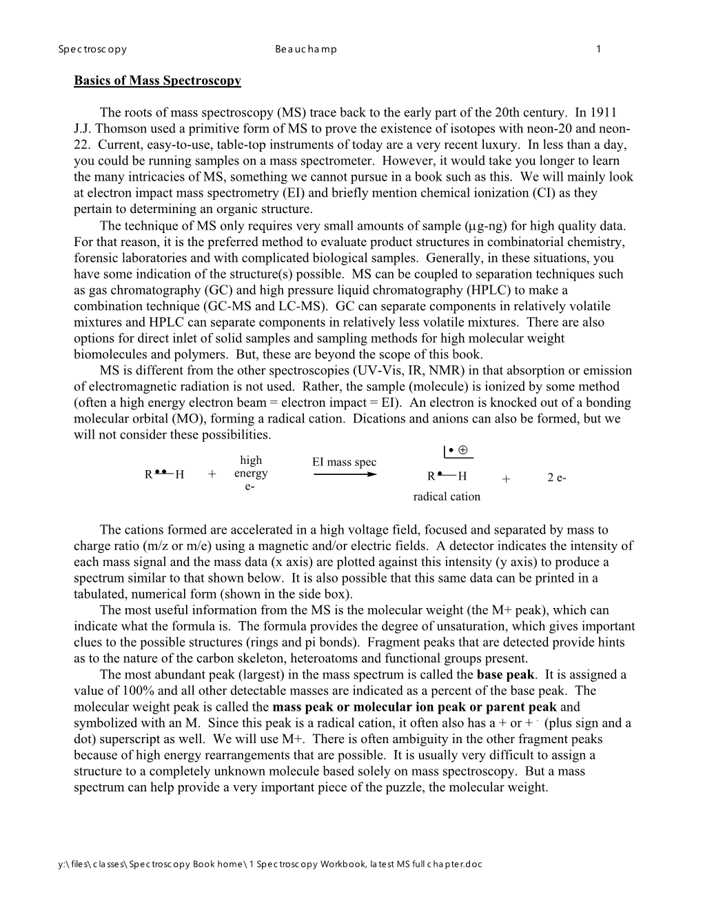 Basics of Mass Spectroscopy the Roots of Mass Spectroscopy (MS)