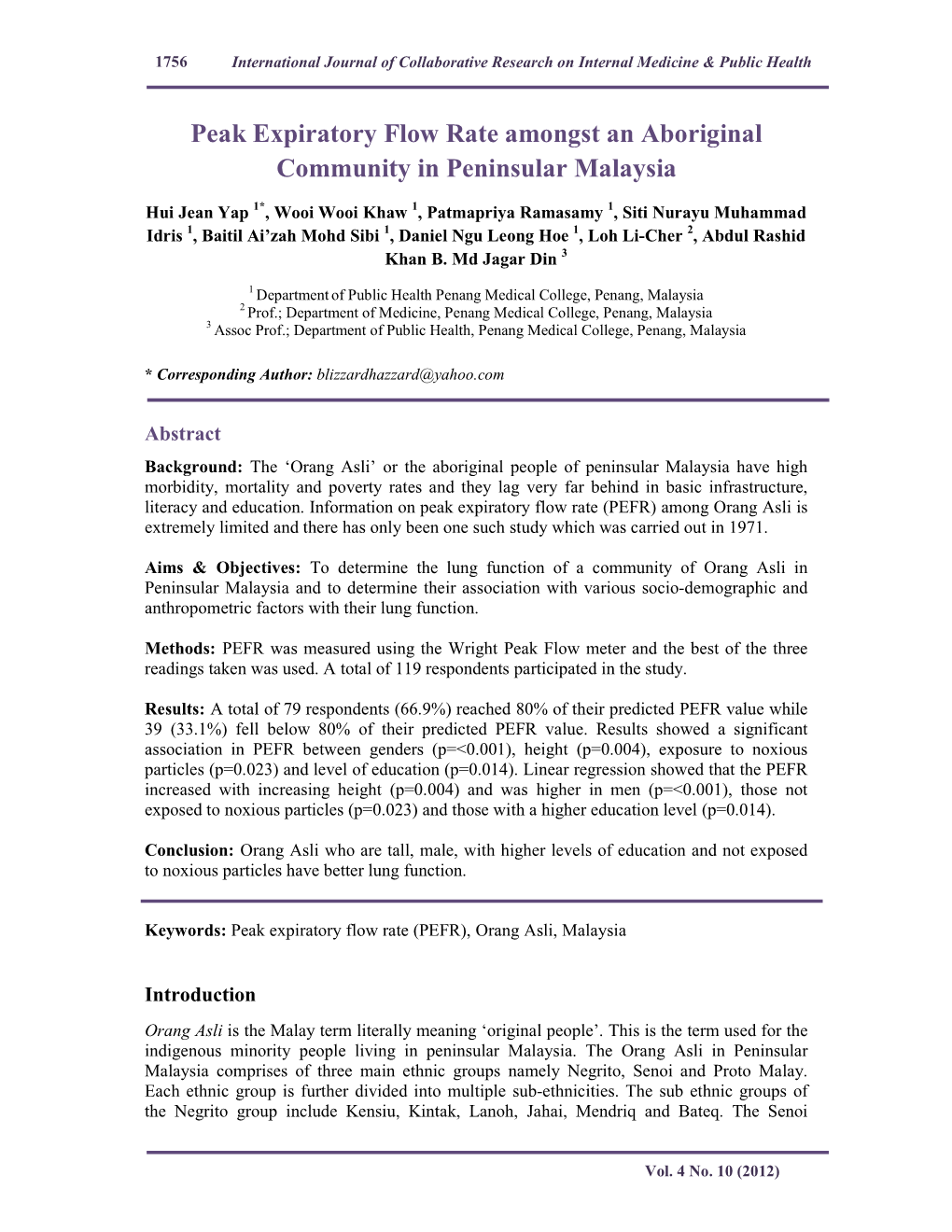 Peak Expiratory Flow Rate Amongst an Aboriginal Community in Peninsular Malaysia