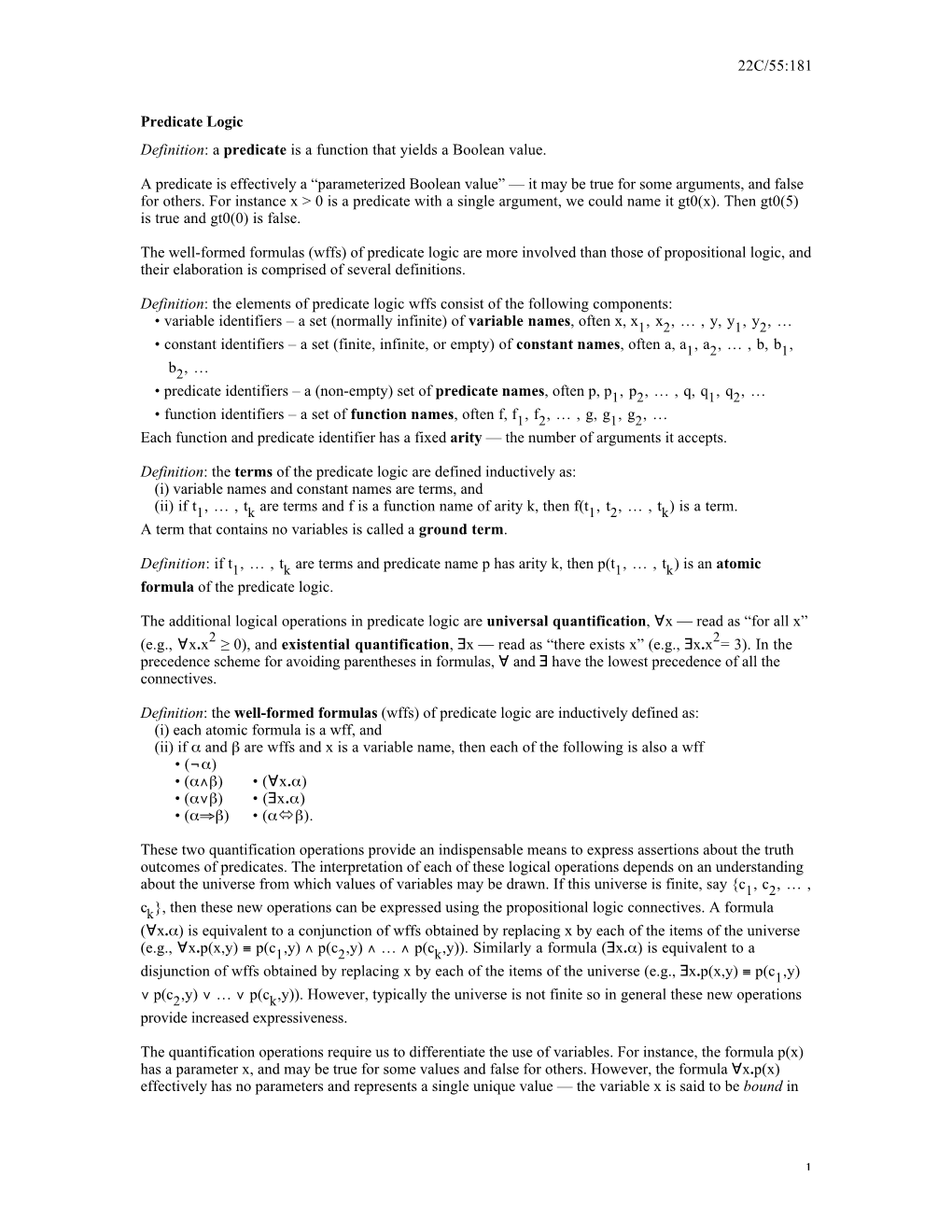 22C/55:181 1 Predicate Logic Definition