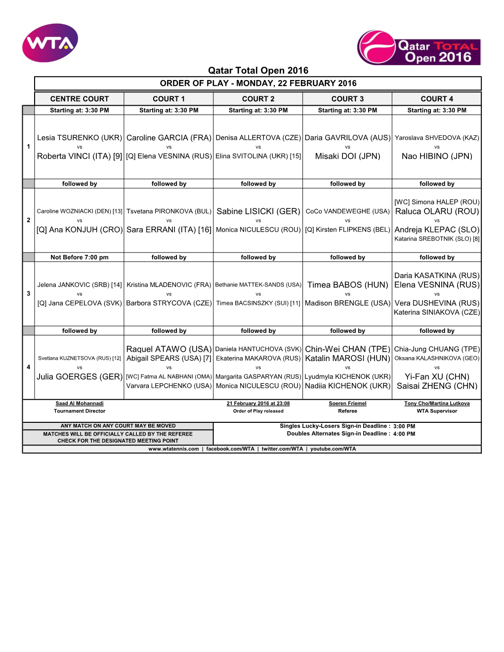 Qatar Total Open 2016 ORDER of PLAY - MONDAY, 22 FEBRUARY 2016