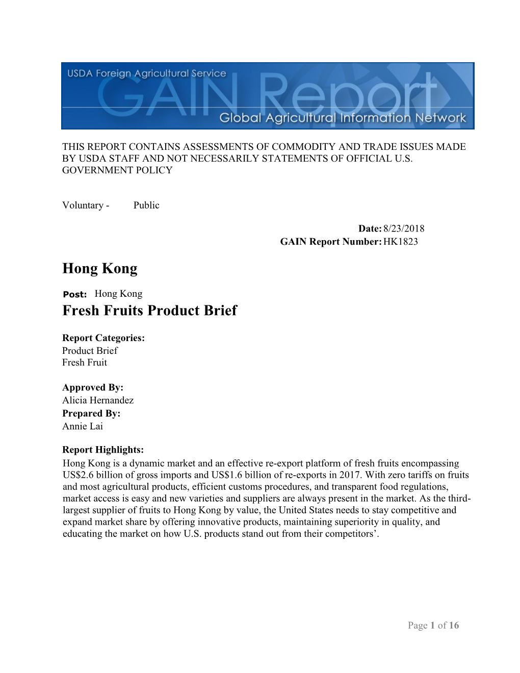 Hong Kong Fresh Fruits Product Brief