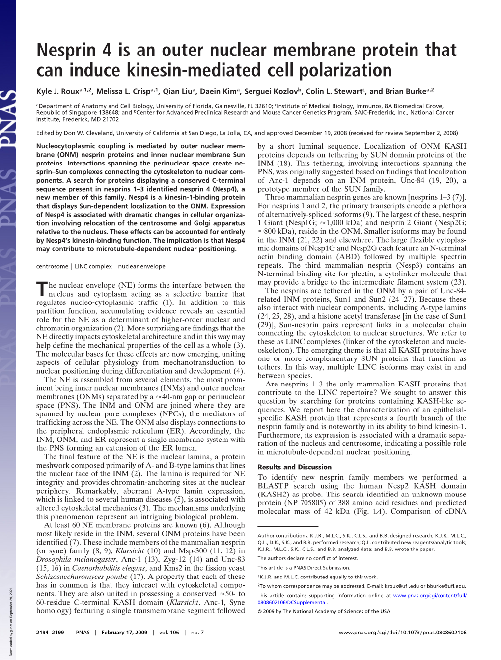 Nesprin 4 Is an Outer Nuclear Membrane Protein That Can Induce Kinesin-Mediated Cell Polarization