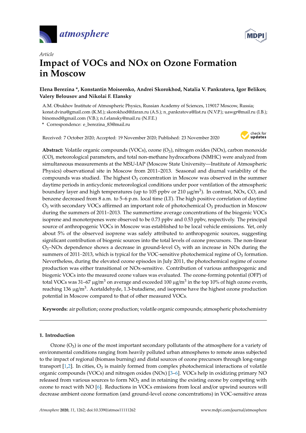 Impact of Vocs and Nox on Ozone Formation in Moscow