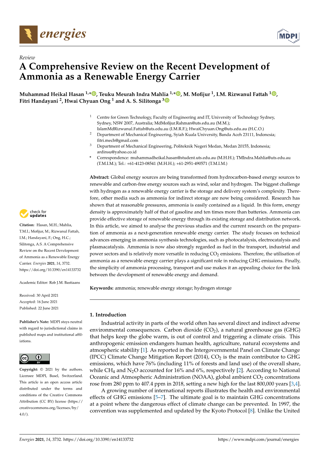 A Comprehensive Review on the Recent Development of Ammonia As a Renewable Energy Carrier