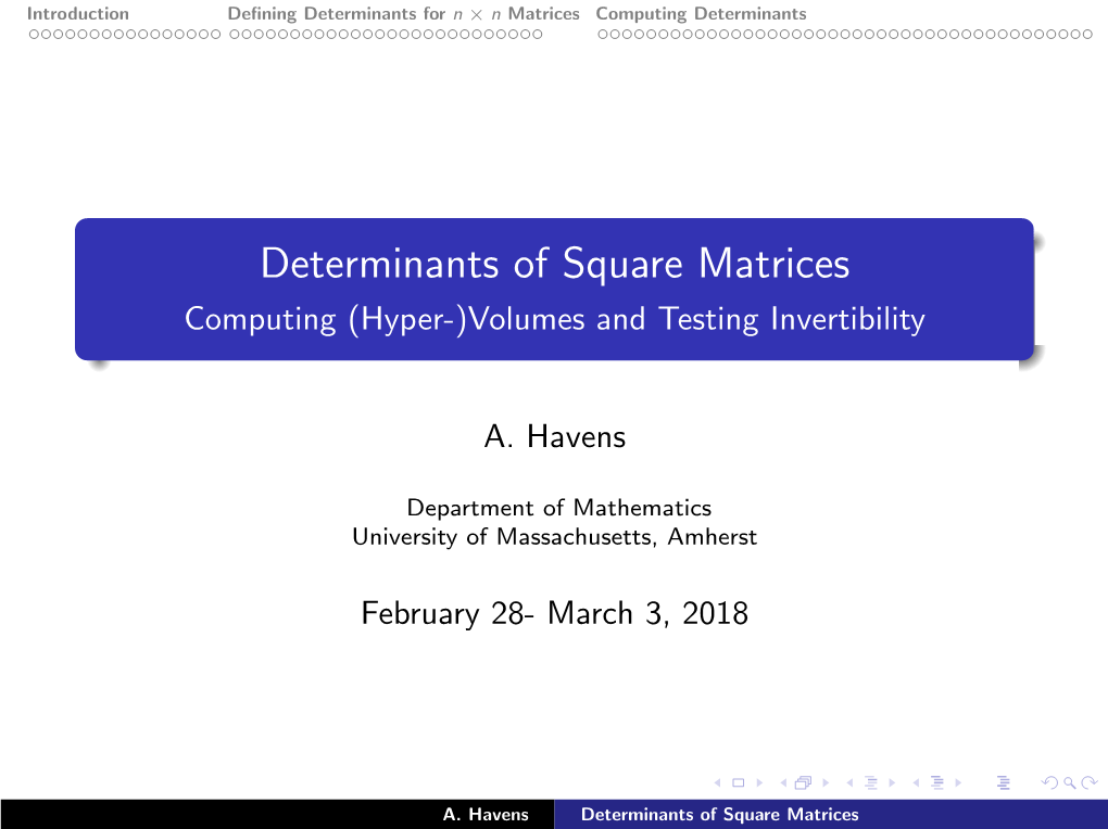 Determinants of Square Matrices Computing (Hyper-)Volumes and Testing Invertibility