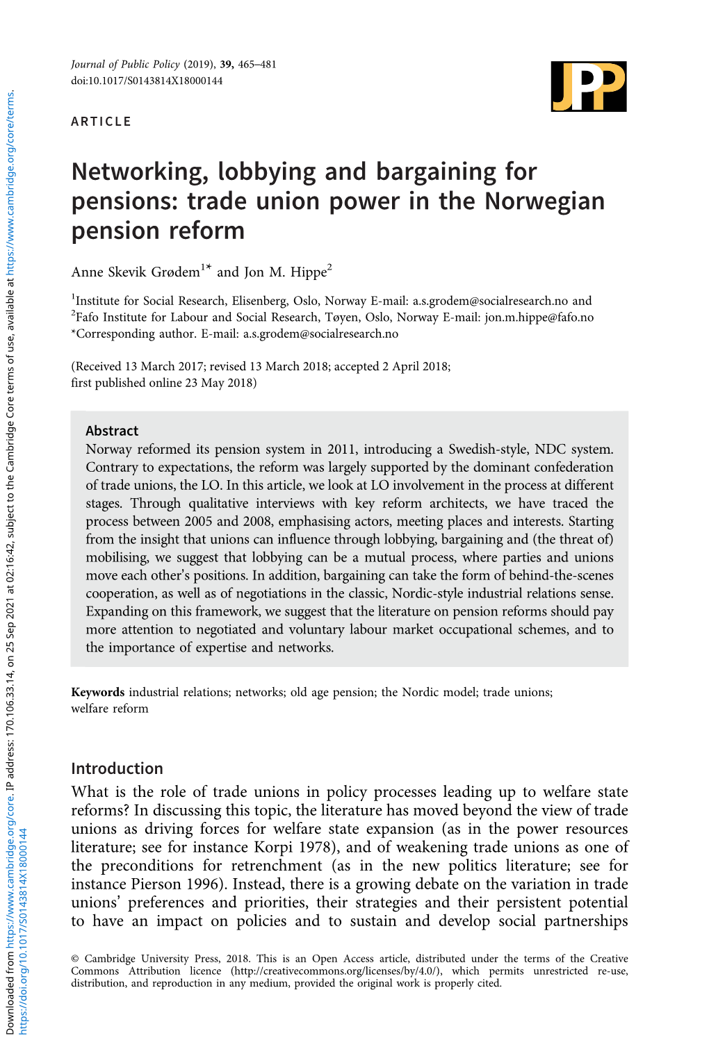 Networking, Lobbying and Bargaining for Pensions: Trade Union Power in the Norwegian Pension Reform