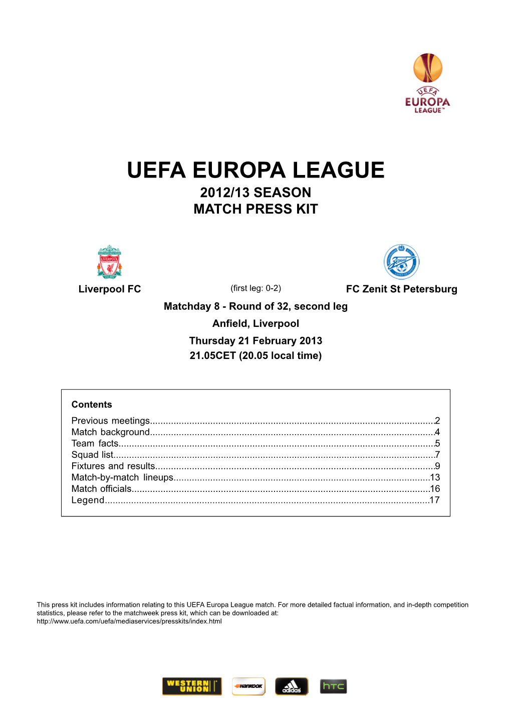 Uefa Europa League 2012/13 Season Match Press Kit