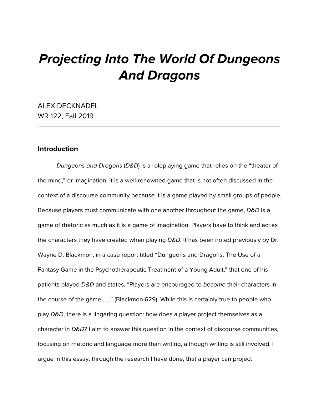 Projecting Into the World of Dungeons and Dragons