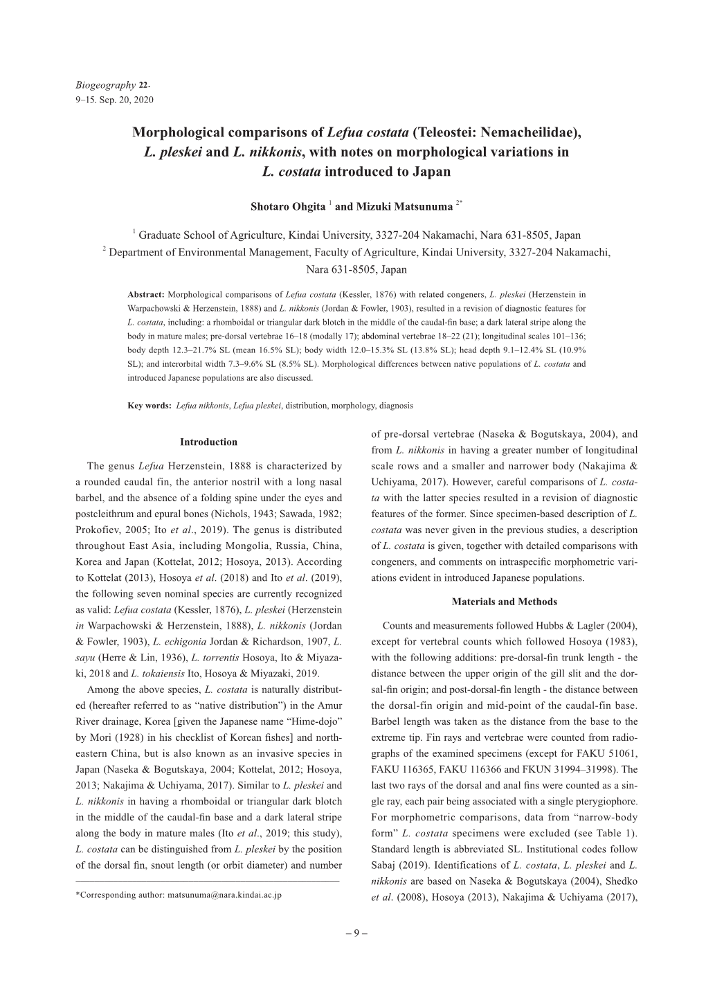 Morphological Comparisons of Lefua Costata (Teleostei: Nemacheilidae), L