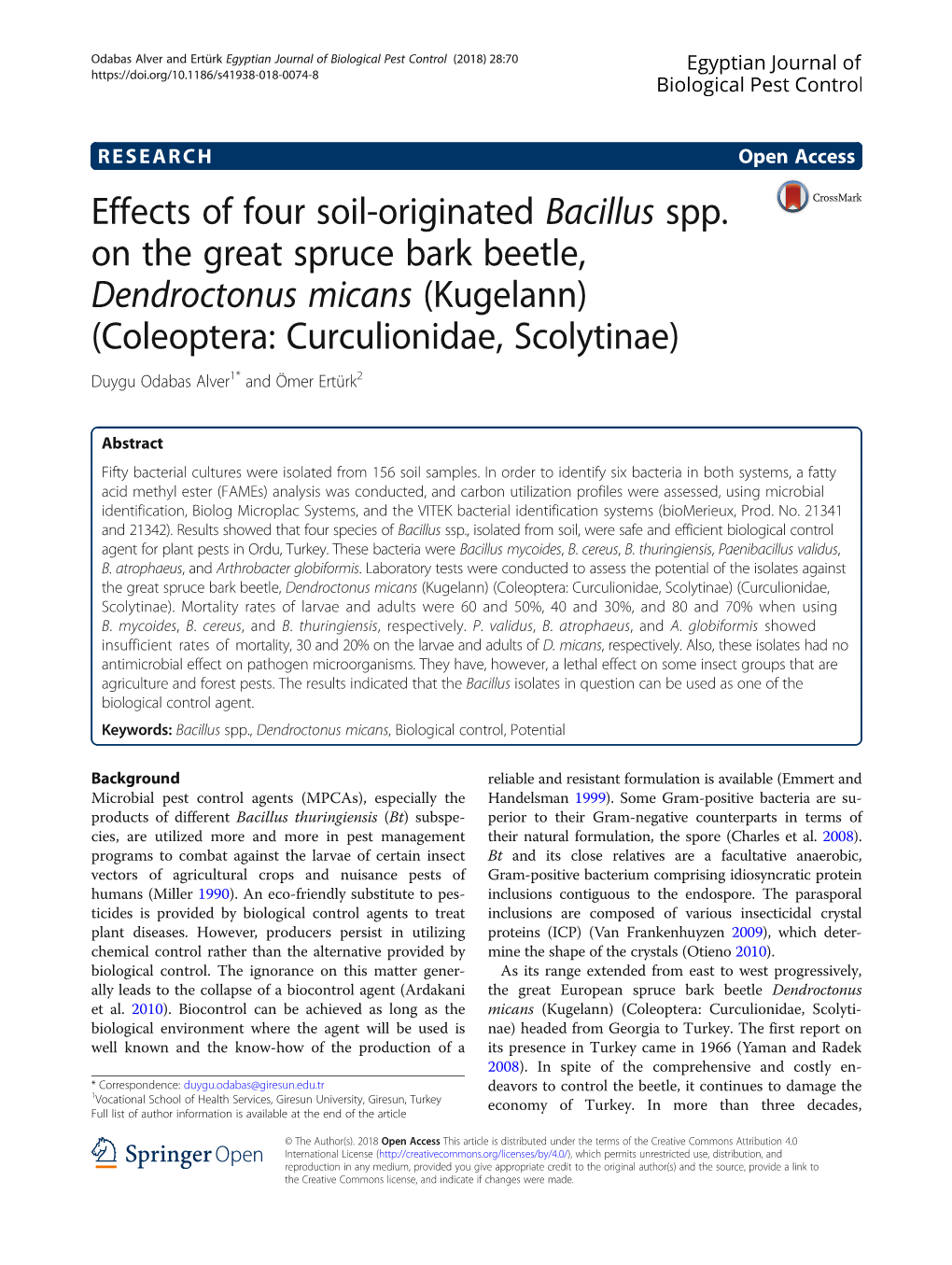 Effects of Four Soil-Originated Bacillus Spp. on the Great Spruce Bark Beetle