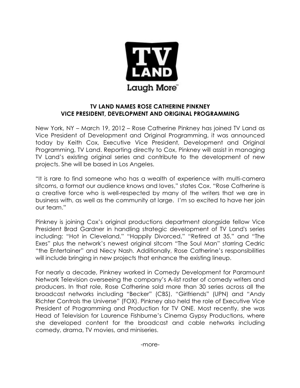 Tv Land Names Rose Catherine Pinkney Vice President, Development and Original Programming