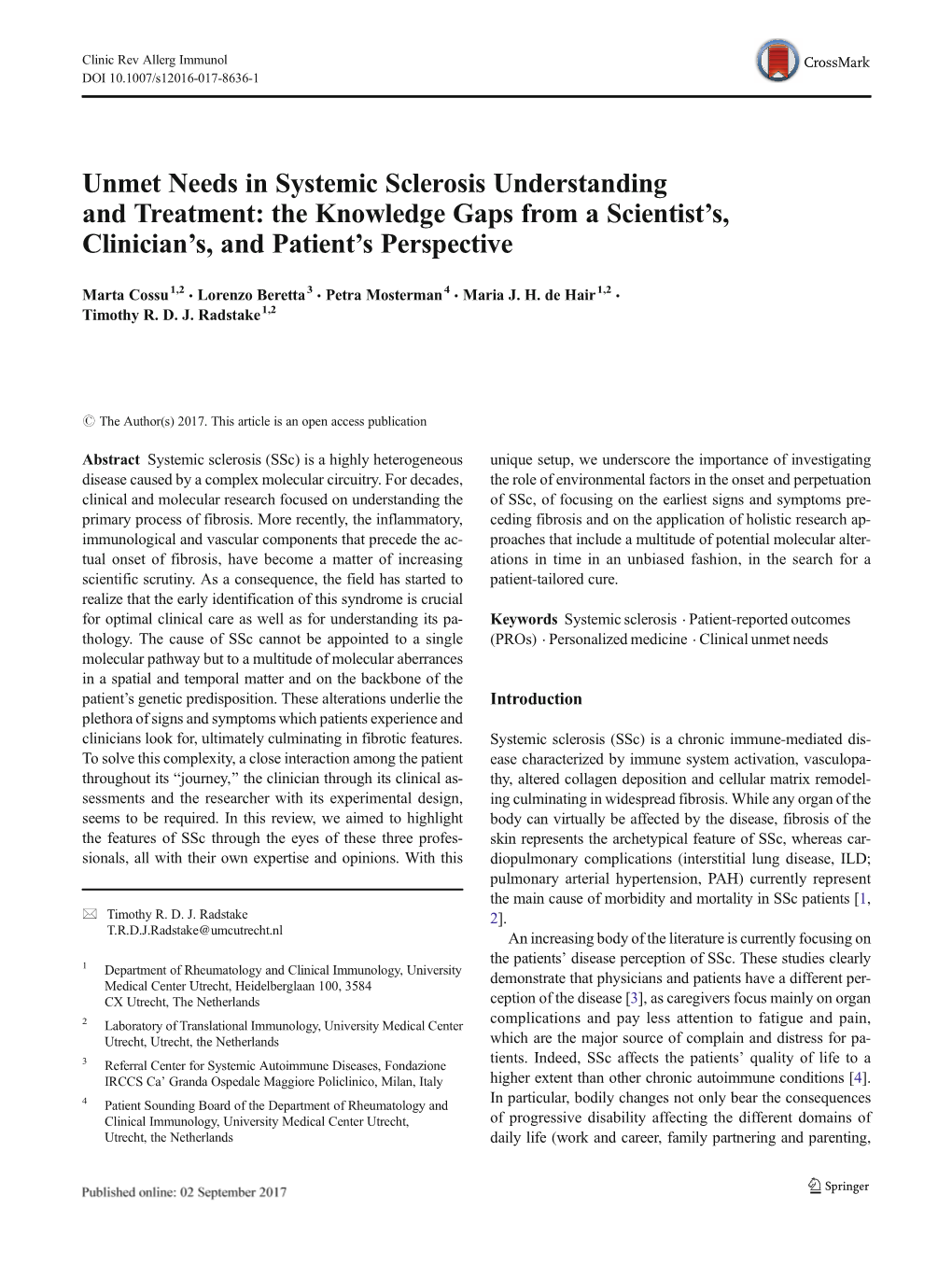 Unmet Needs in Systemic Sclerosis Understanding and Treatment: the Knowledge Gaps from a Scientist’S, Clinician’S, and Patient’Sperspective