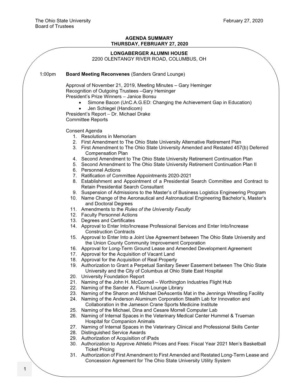 Full Board Public Session Agenda and Materials