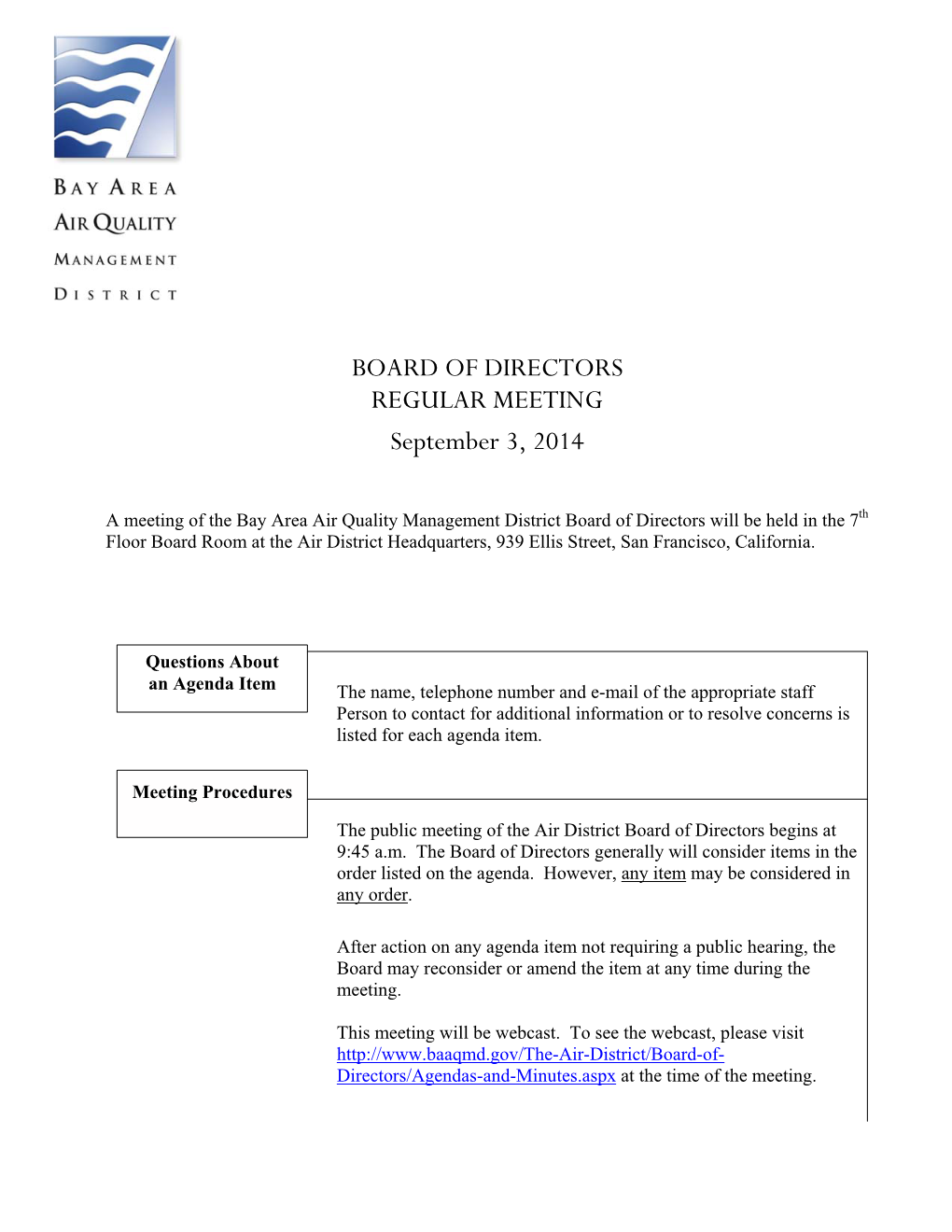 BOARD of DIRECTORS REGULAR MEETING September 3, 2014