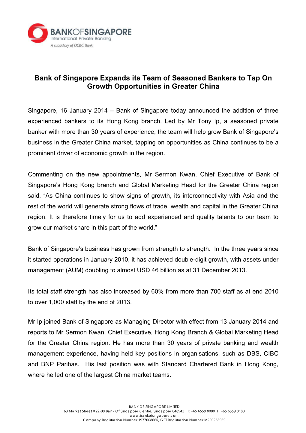 Bank of Singapore Expands Its Team of Seasoned Bankers to Tap on Growth Opportunities in Greater China