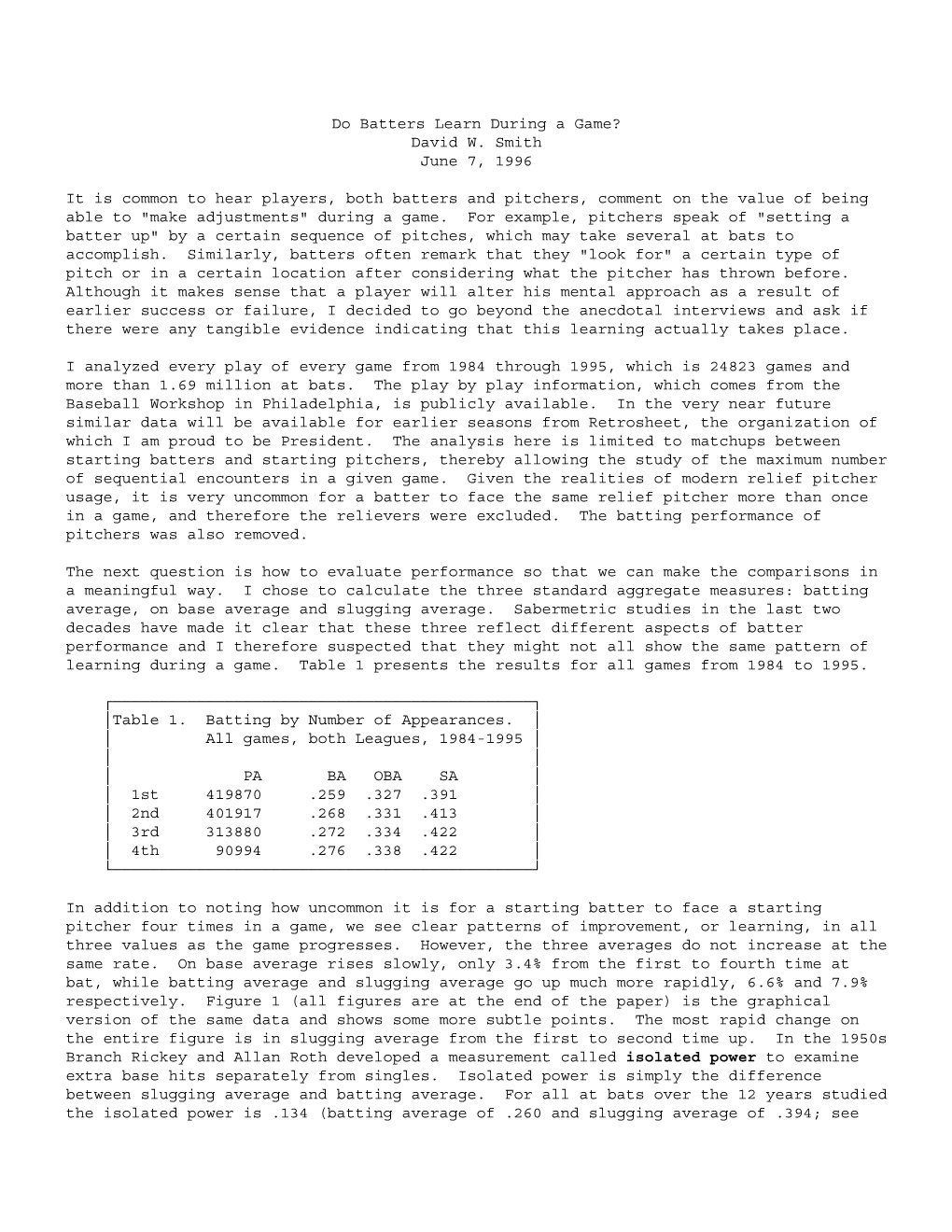 Do Batters Learn During a Game? David W. Smith June 7, 1996 It Is