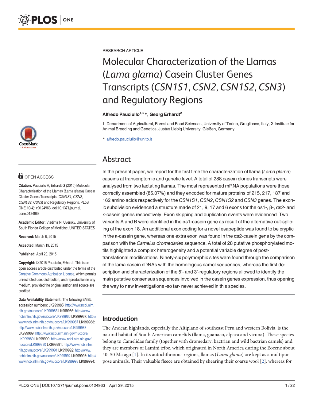 CSN1S1, CSN2, CSN1S2, CSN3) and Regulatory Regions