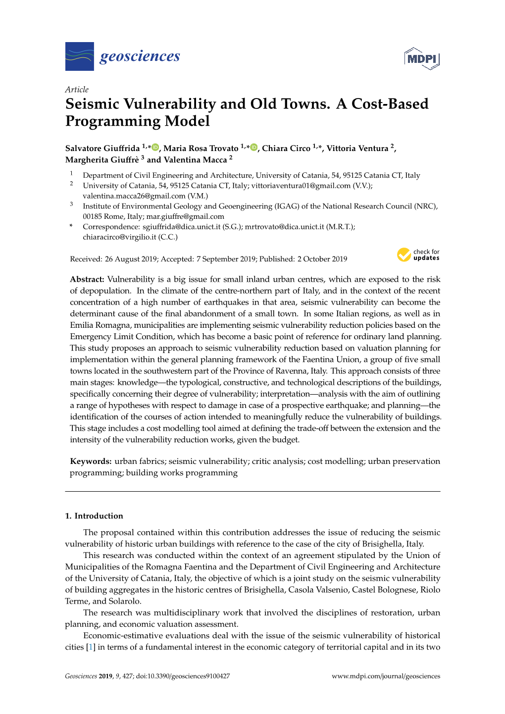 Seismic Vulnerability and Old Towns. a Cost-Based Programming Model