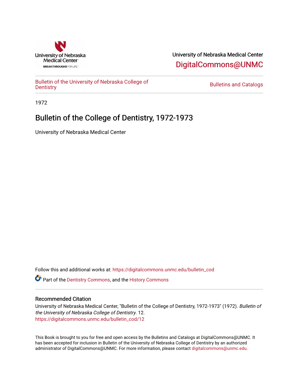 Bulletin of the College of Dentistry, 1972-1973