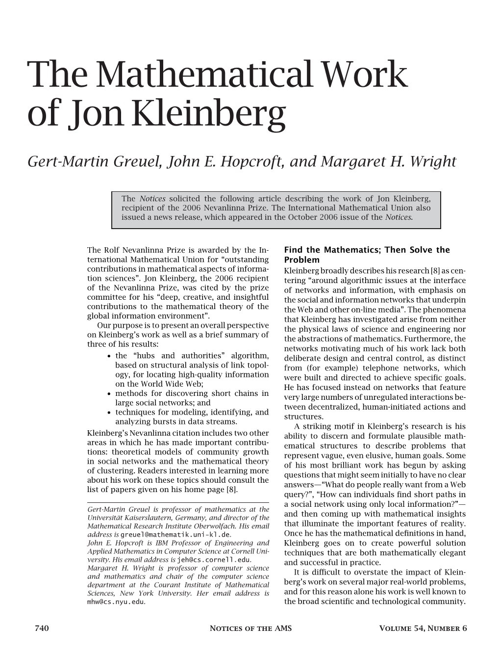 The Mathematical Work of Jon Kleinberg