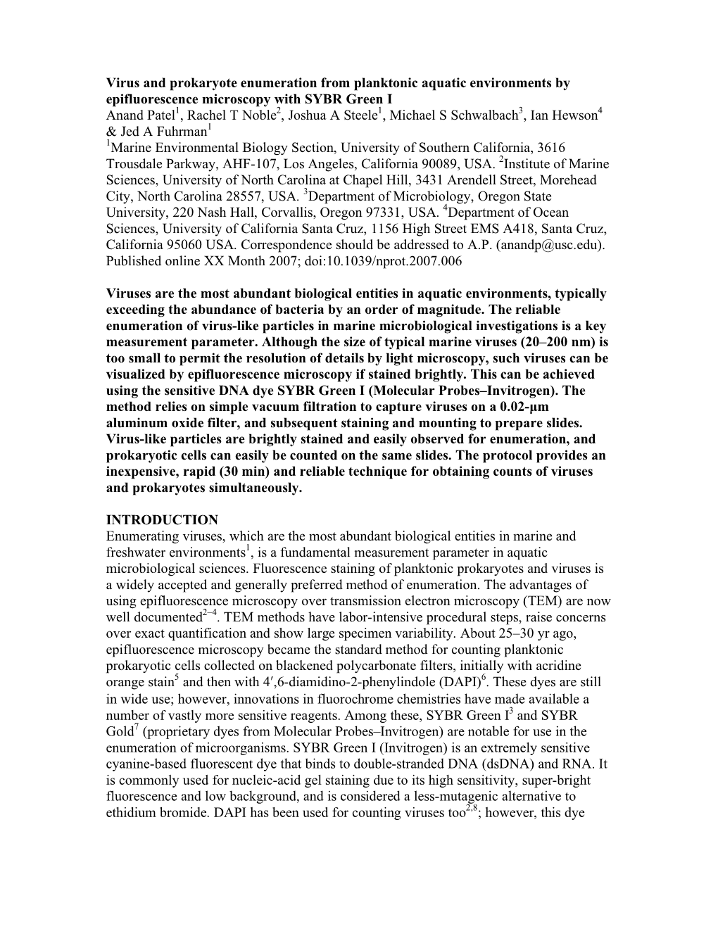 Virus and Prokaryote Enumeration from Planktonic Aquatic Environments by Epifluorescence Microscopy with SYBR Green I Anand