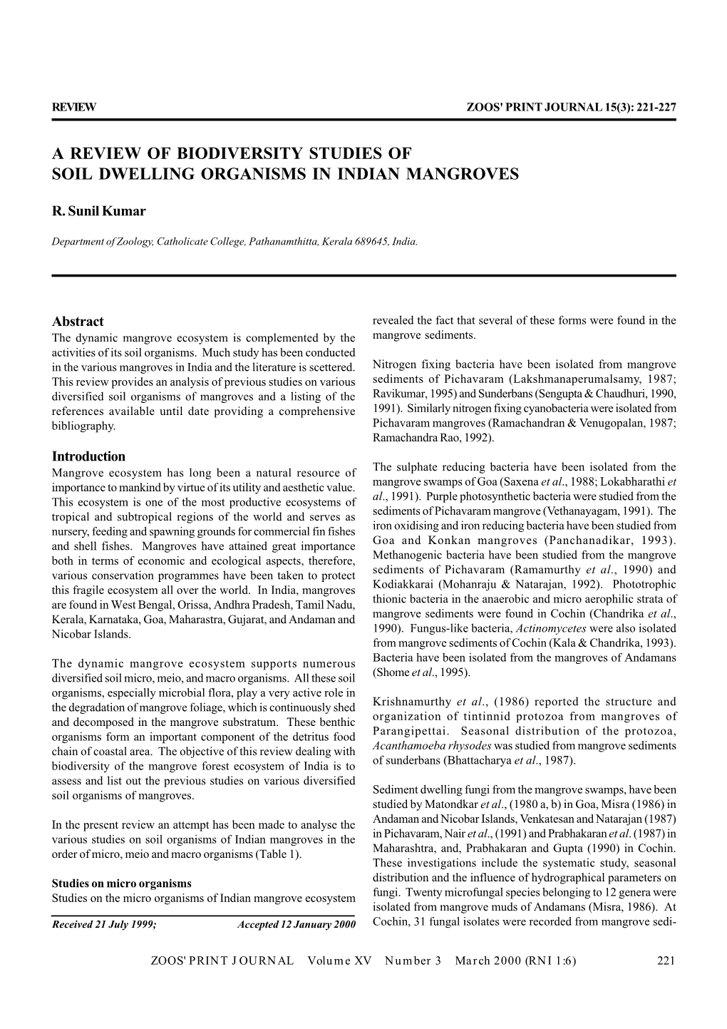 A Review of Biodiversity Studies of Soil Dwelling Organisms in Indian Mangroves