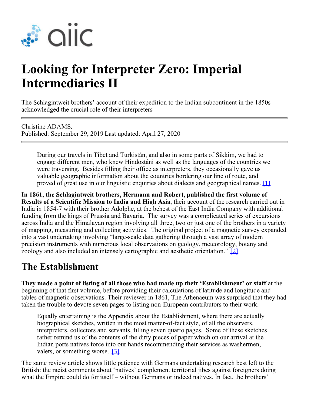 Looking for Interpreter Zero: Imperial Intermediaries II