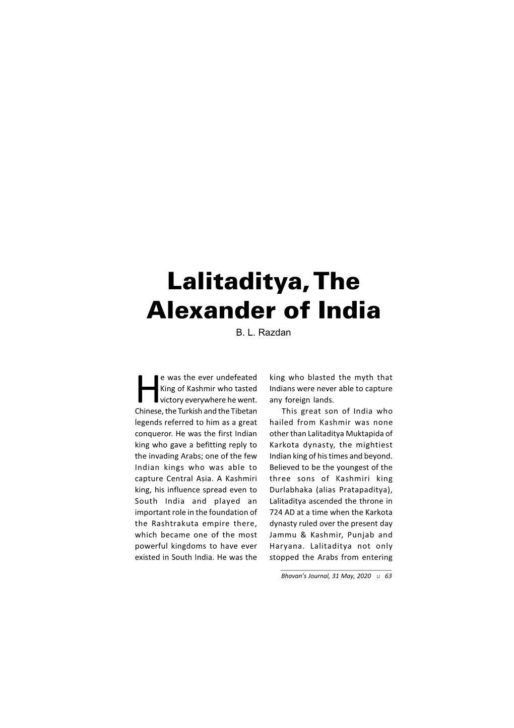 Lalitaditya, the Alexander of India B