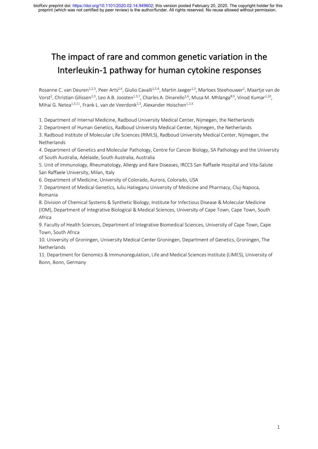 The Impact of Rare and Common Genetic Variation in the Interleukin-1 Pathway for Human Cytokine Responses