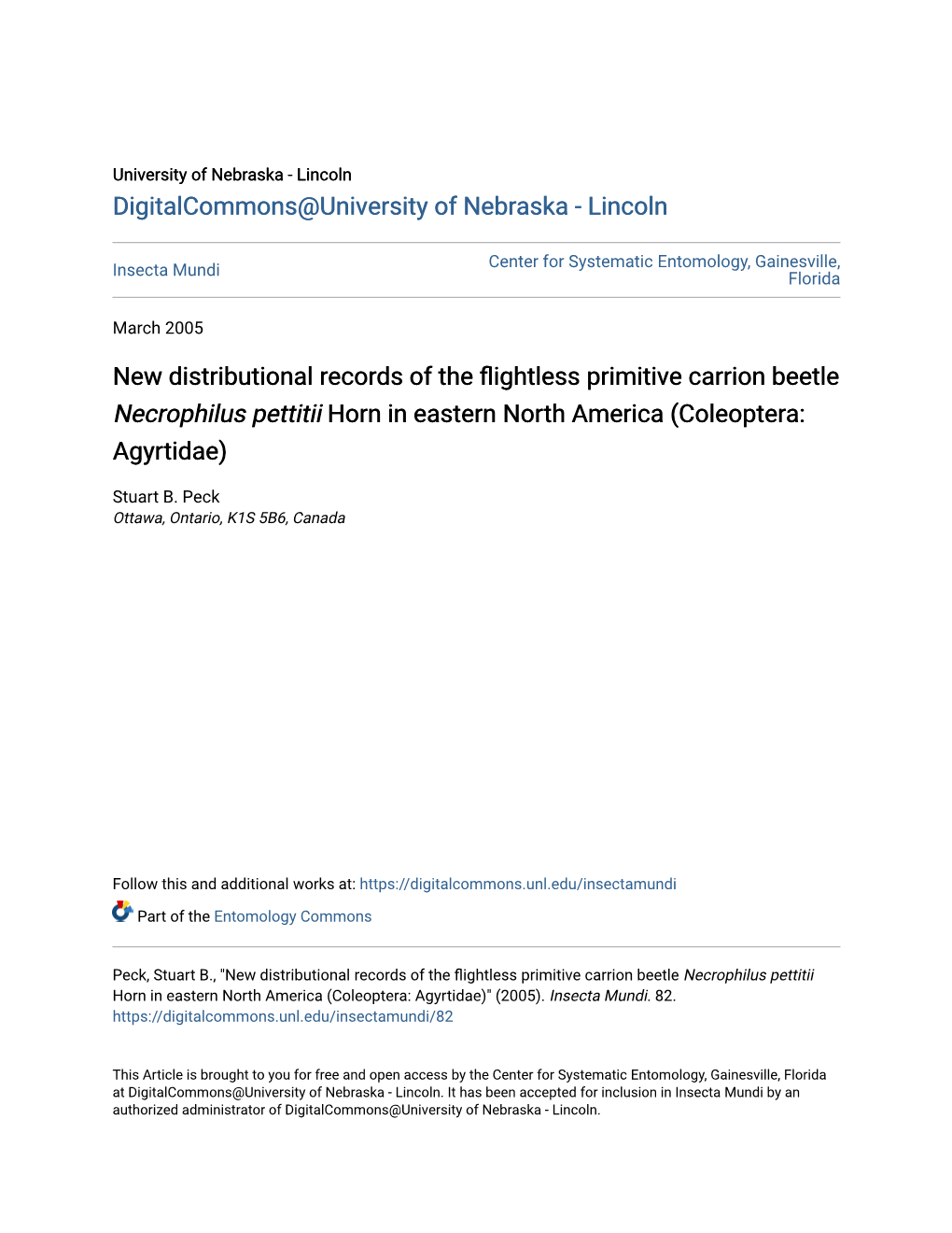 New Distributional Records of the Flightless Primitive Carrion Beetle Necrophilus Pettitii Horn in Eastern North America (Coleoptera: Agyrtidae)