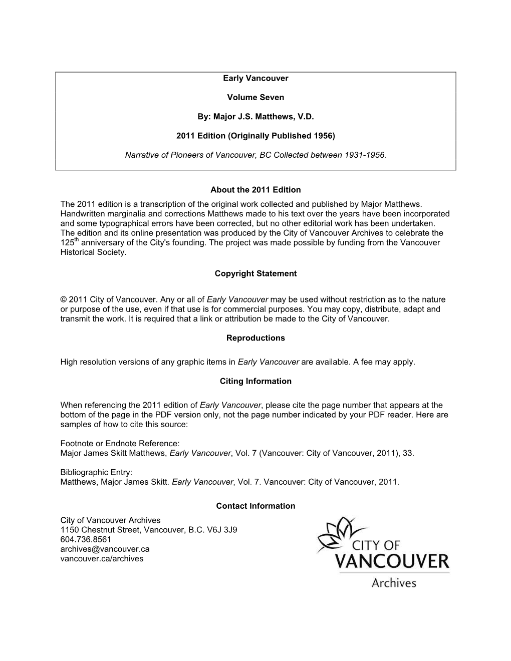 Early Vancouver Volume Seven