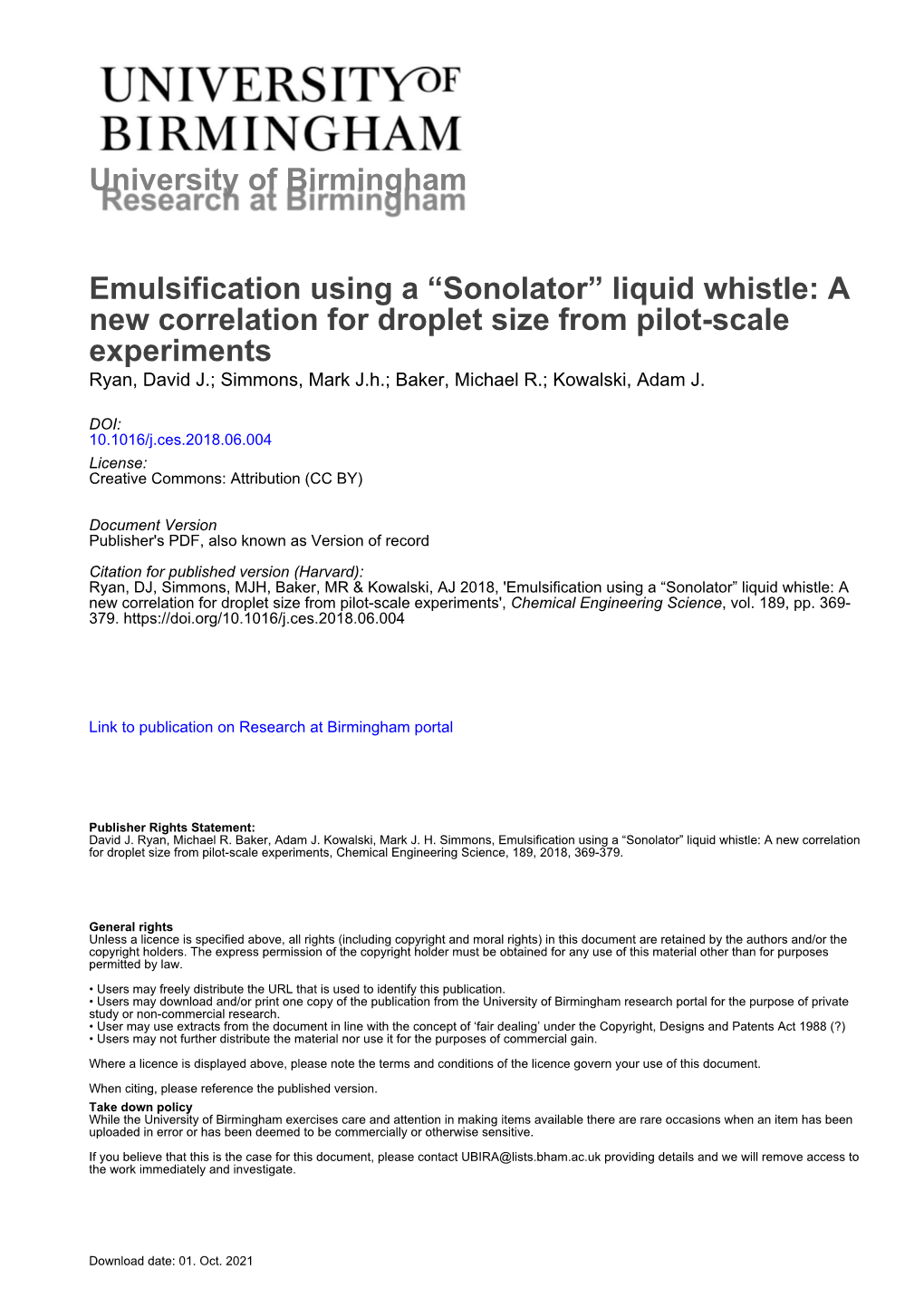 Emulsification Using a В€Œsonolatorв€• Liquid Whistle