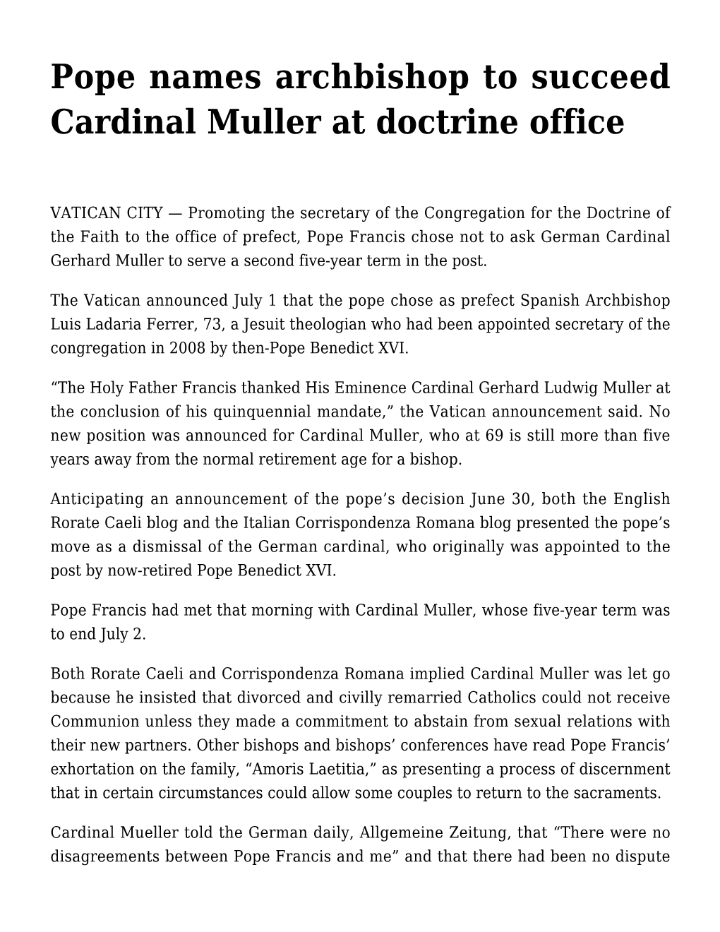 Pope Names Archbishop to Succeed Cardinal Muller at Doctrine Office