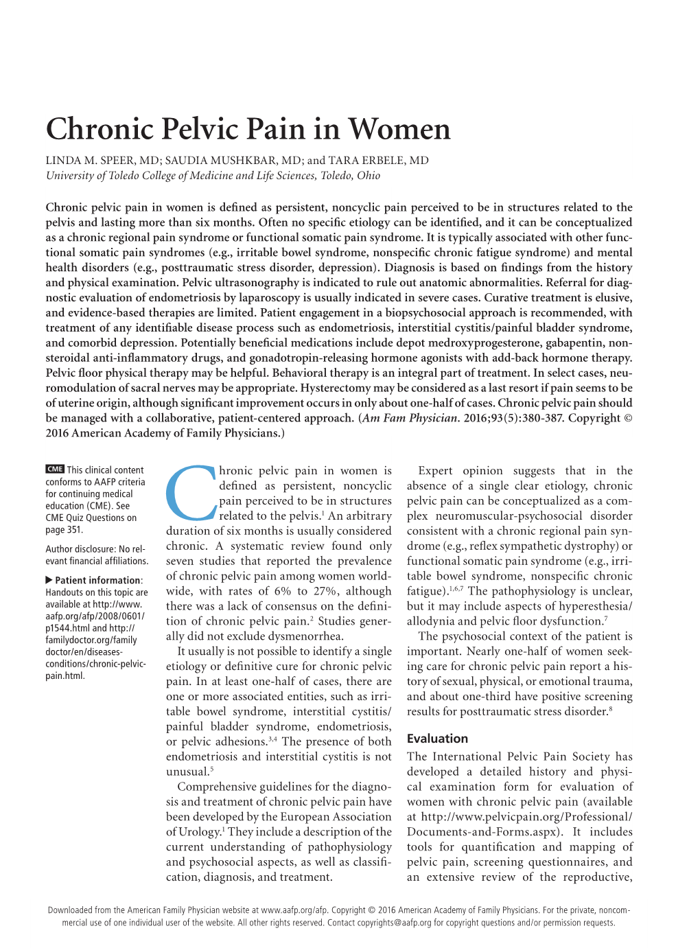 Chronic Pelvic Pain in Women LINDA M