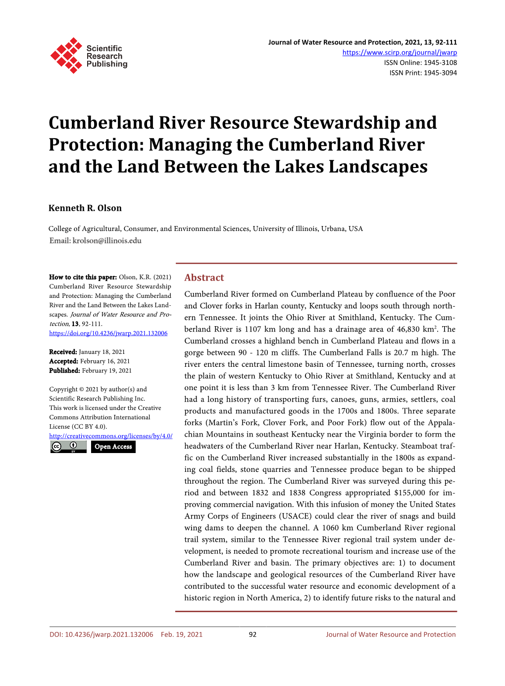 Managing the Cumberland River and the Land Between the Lakes Landscapes