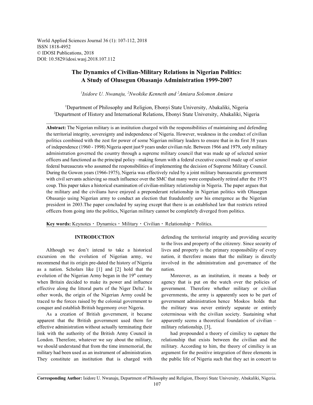 The Dynamics of Civilian-Military Relations in Nigerian Politics: a Study of Olusegun Obasanjo Administration 1999-2007