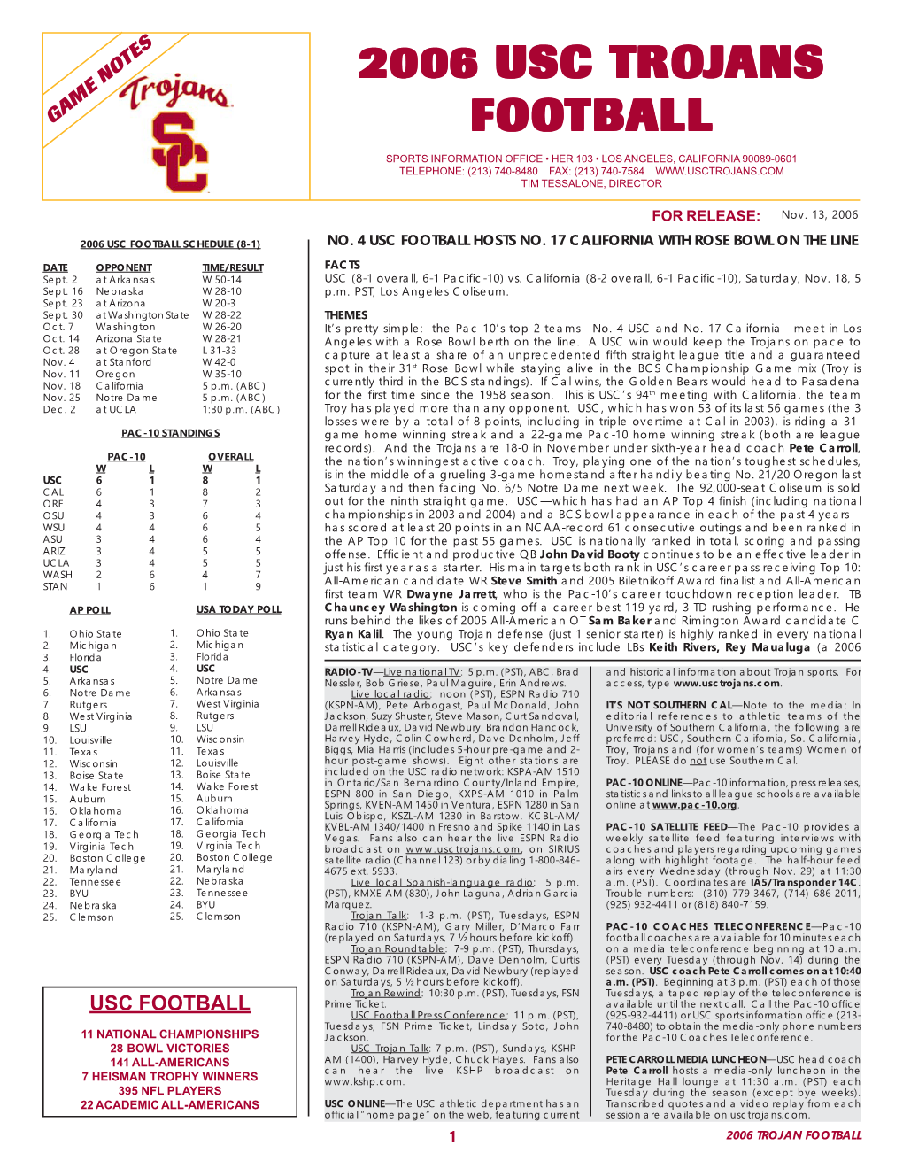 2006 USC Trojans Football Statistics (As of Nov