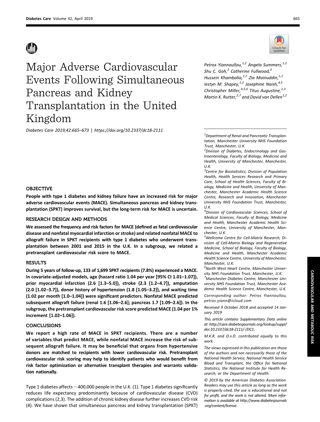 Major Adverse Cardiovascular Events Following Simultaneous Pancreas