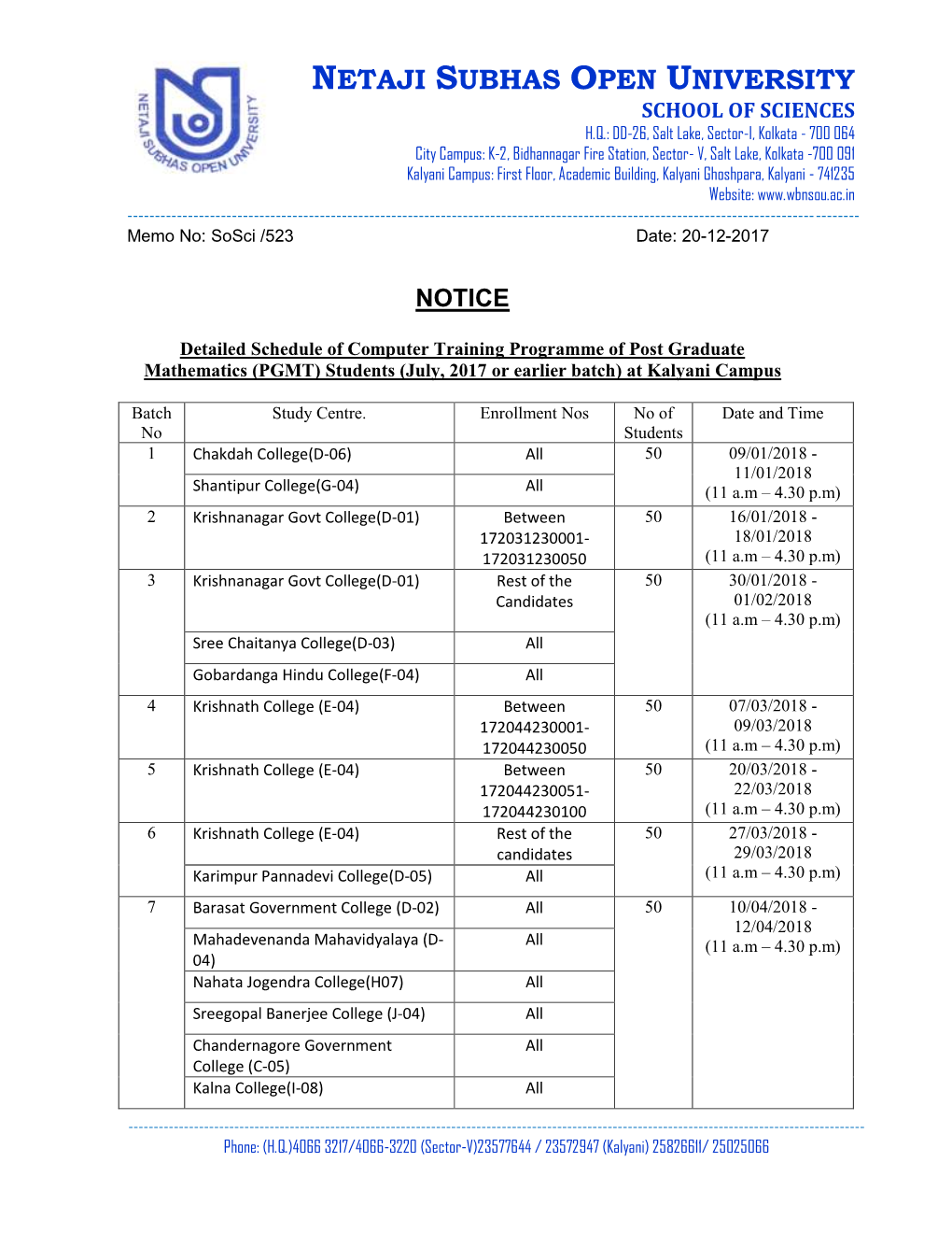 Memo No: Sosci /523 Date: 20-12-2017