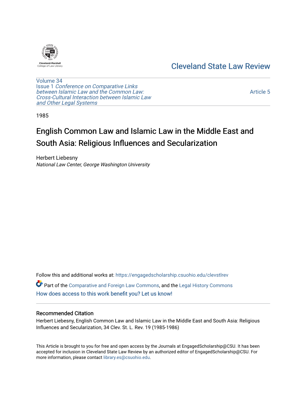 English Common Law and Islamic Law in the Middle East and South Asia: Religious Influences and Secularization