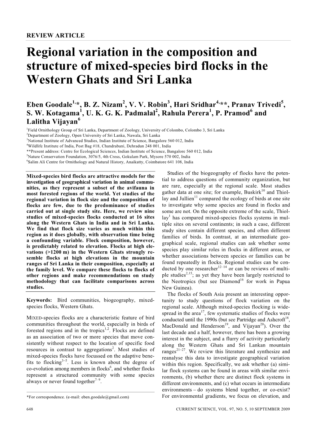 Regional Variation in the Composition and Structure of Mixed-Species Bird Flocks in the Western Ghats and Sri Lanka