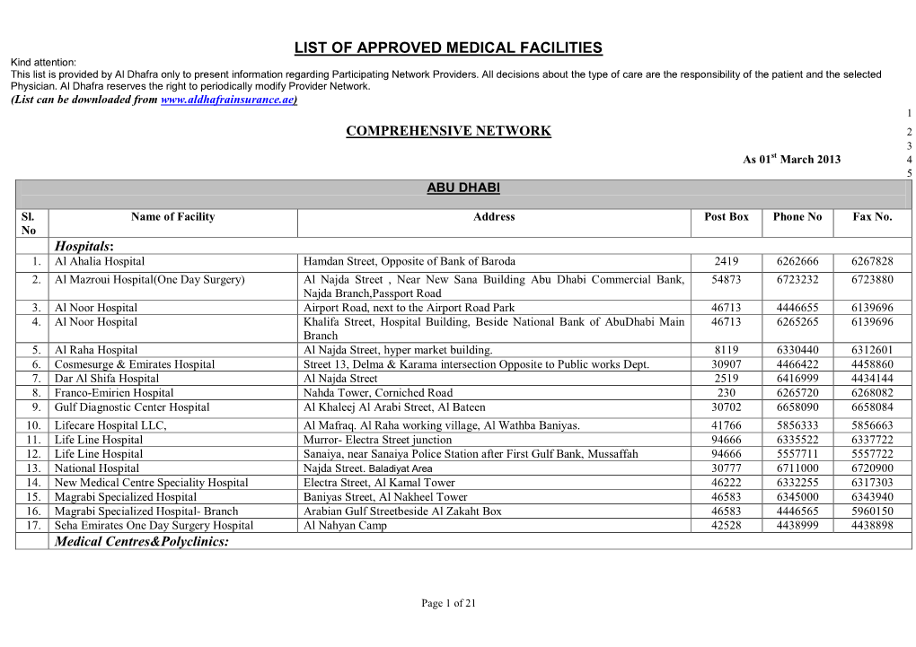 LIST of APPROVED MEDICAL FACILITIES Kind Attention: This List Is Provided by Al Dhafra Only to Present Information Regarding Participating Network Providers